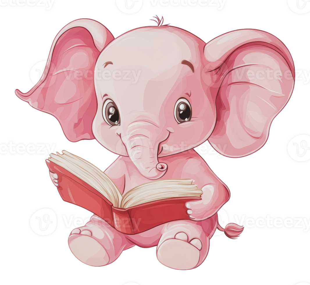 Cute pink elephant reading a book happily png