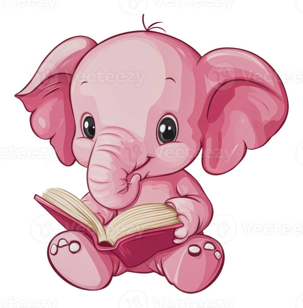 Cute pink elephant reading a book happily png