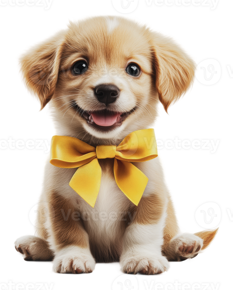 Happy puppy posing with a yellow bow tie png