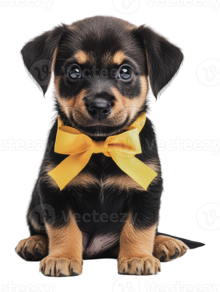 Adorable puppy with a yellow bow sitting indoors png