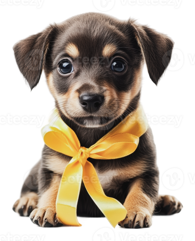 Adorable puppy with yellow ribbon sitting quietly png