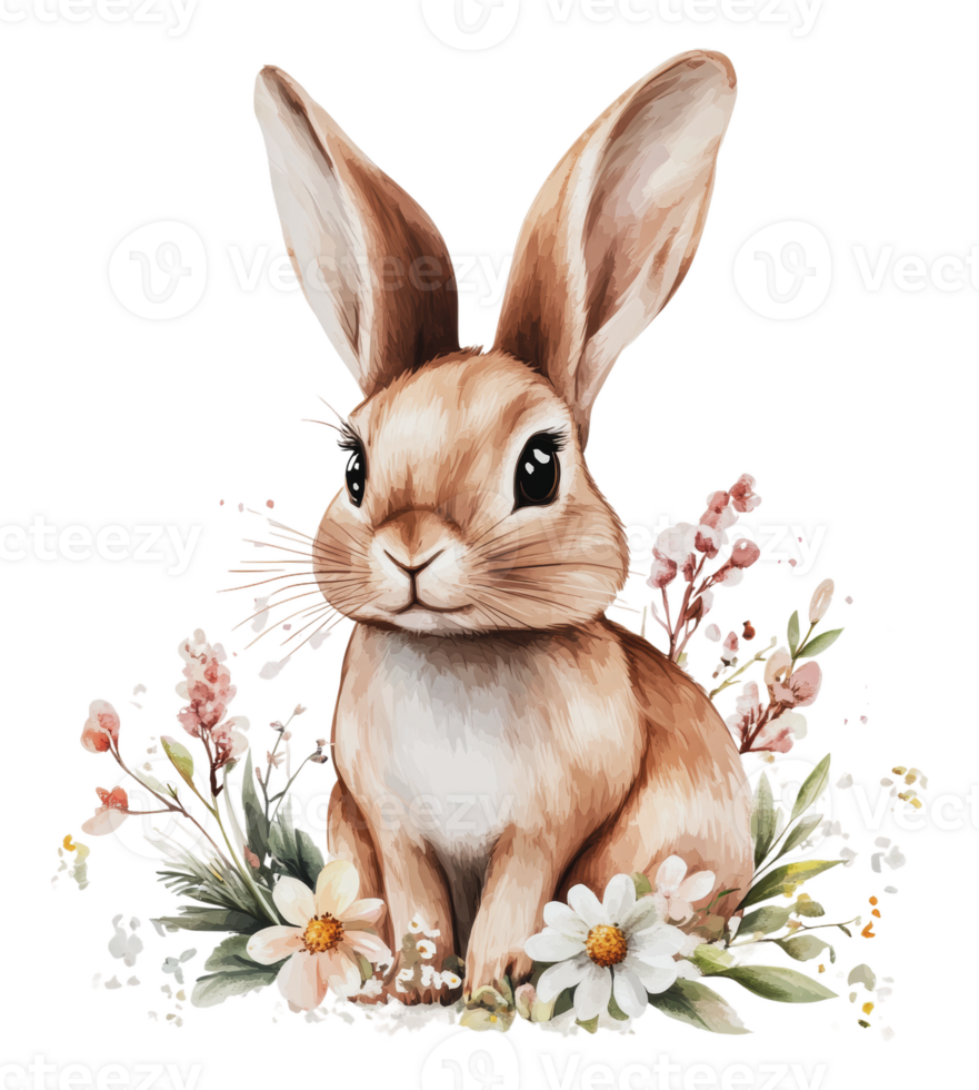 Charming rabbit amid vibrant flowers png