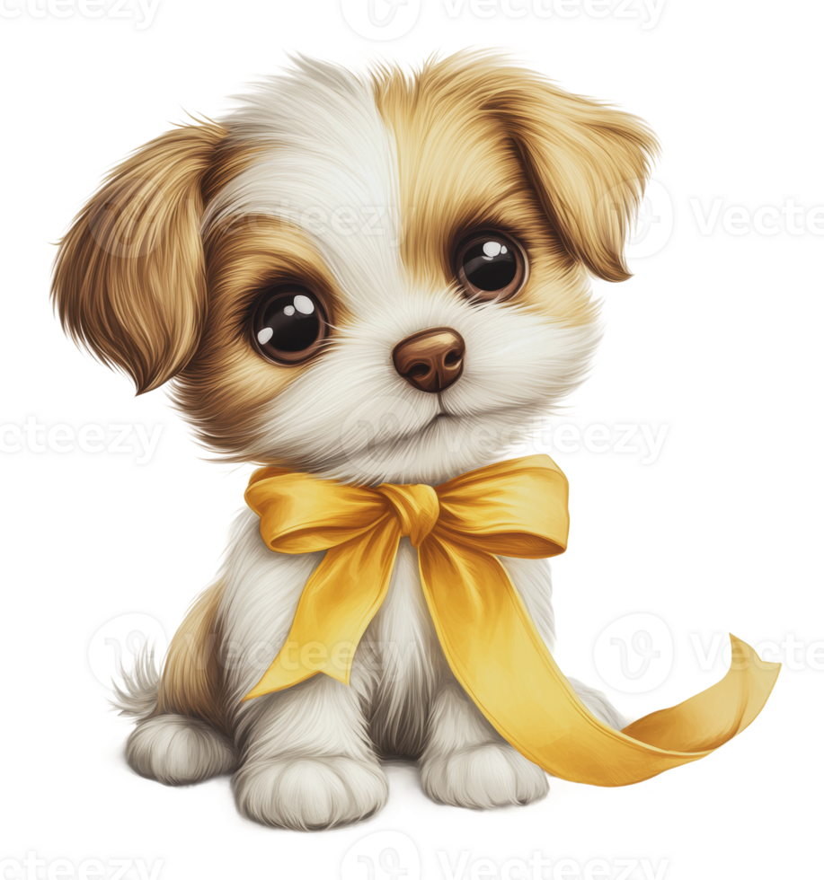 Cute puppy sitting with a yellow bow on its neck png