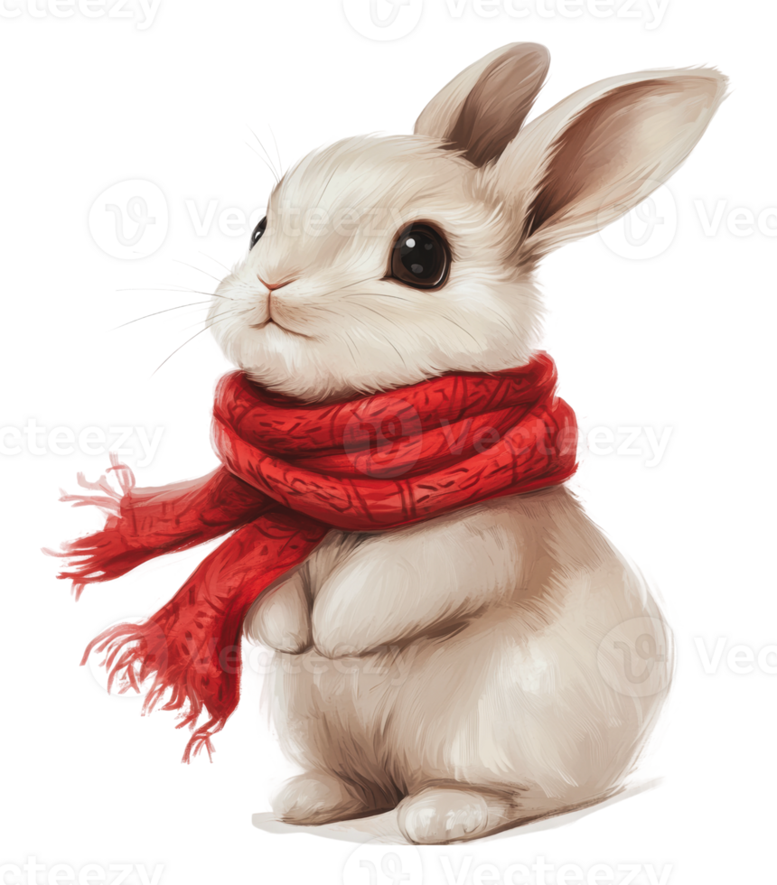 Cute rabbit wearing a red scarf in winter setting png
