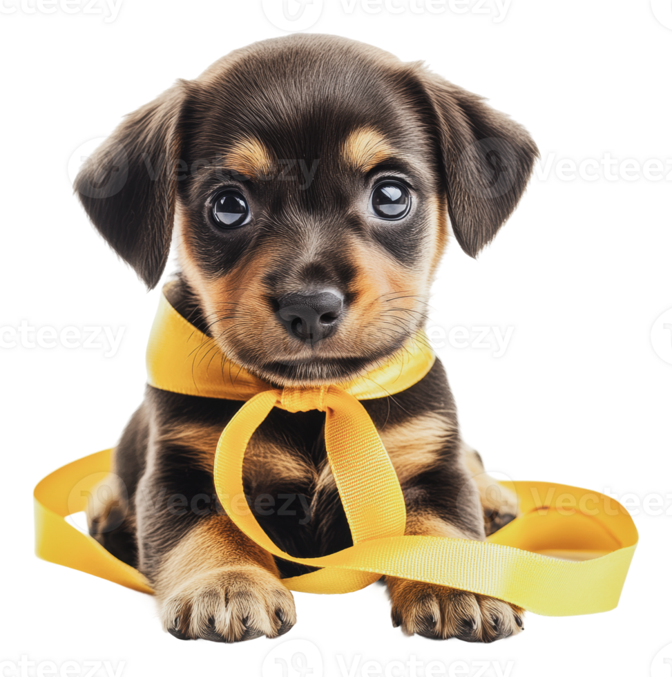 Puppy in yellow ribbon on white background png