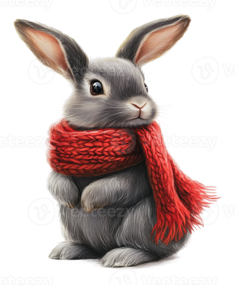 A fluffy gray rabbit wearing a bright red scarf png
