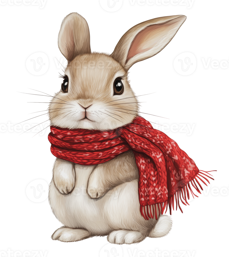Cute rabbit wearing a red scarf in winter settings png