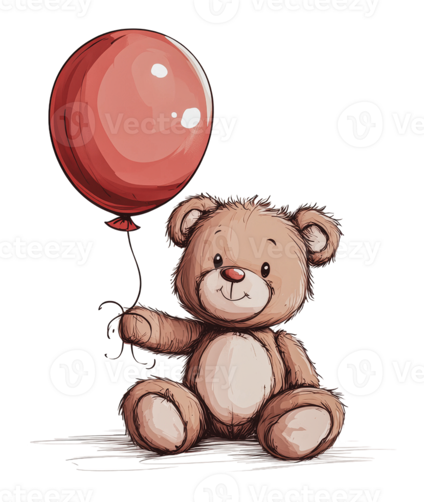 Cute teddy bear holding a red balloon happily png