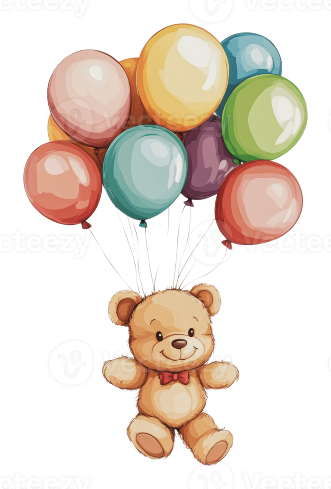 Cute teddy bear floating with colorful balloons png