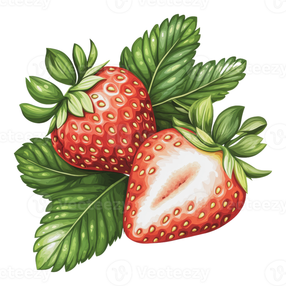 Ripe strawberries with green leaves png