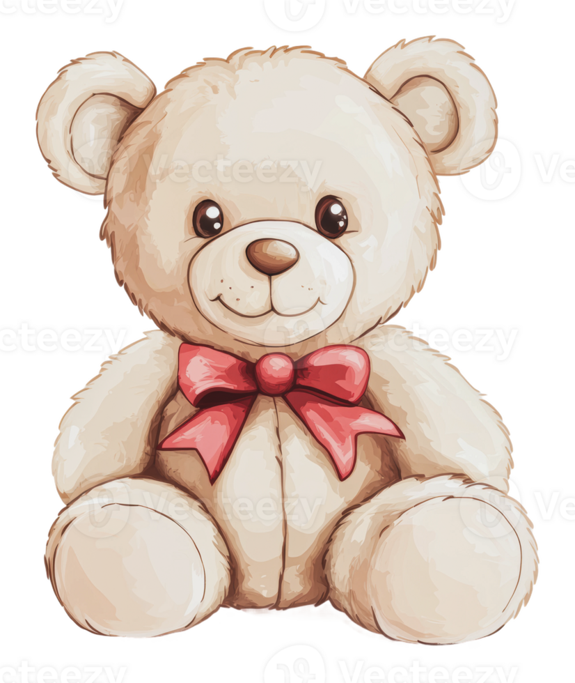 Cute teddy bear with a bow sitting happily png