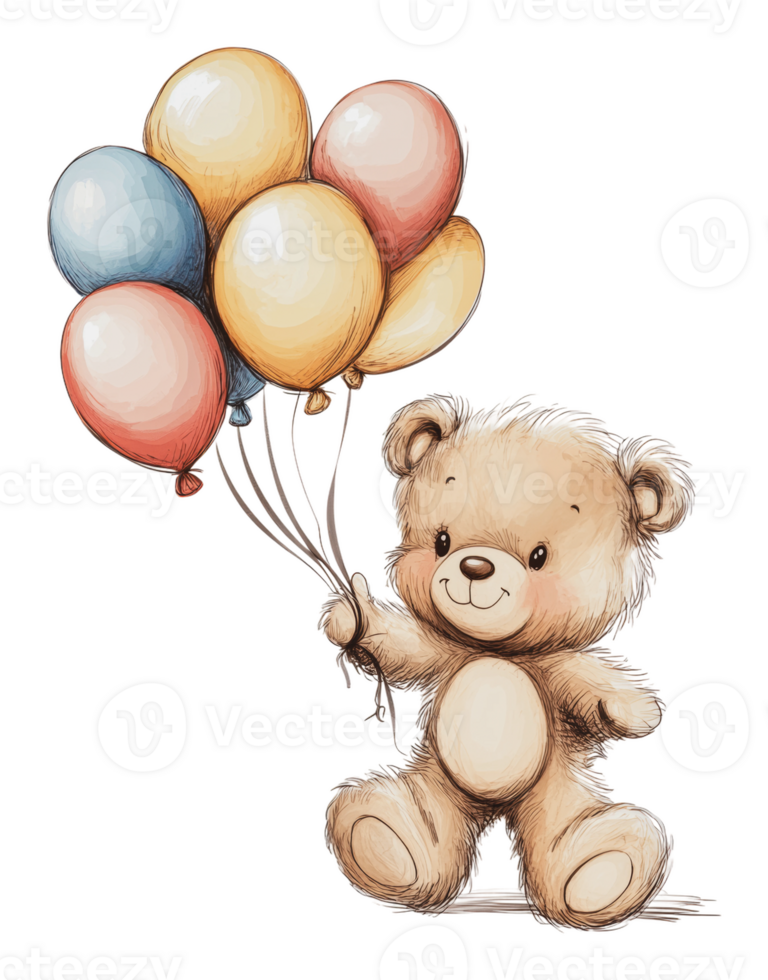 Teddy bear with colorful balloons png