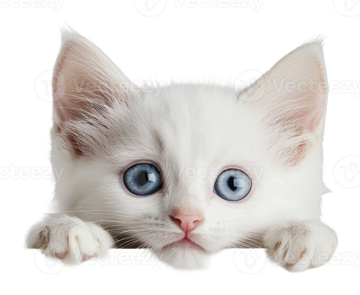 Curious fluffy white kitten with blue eyes png