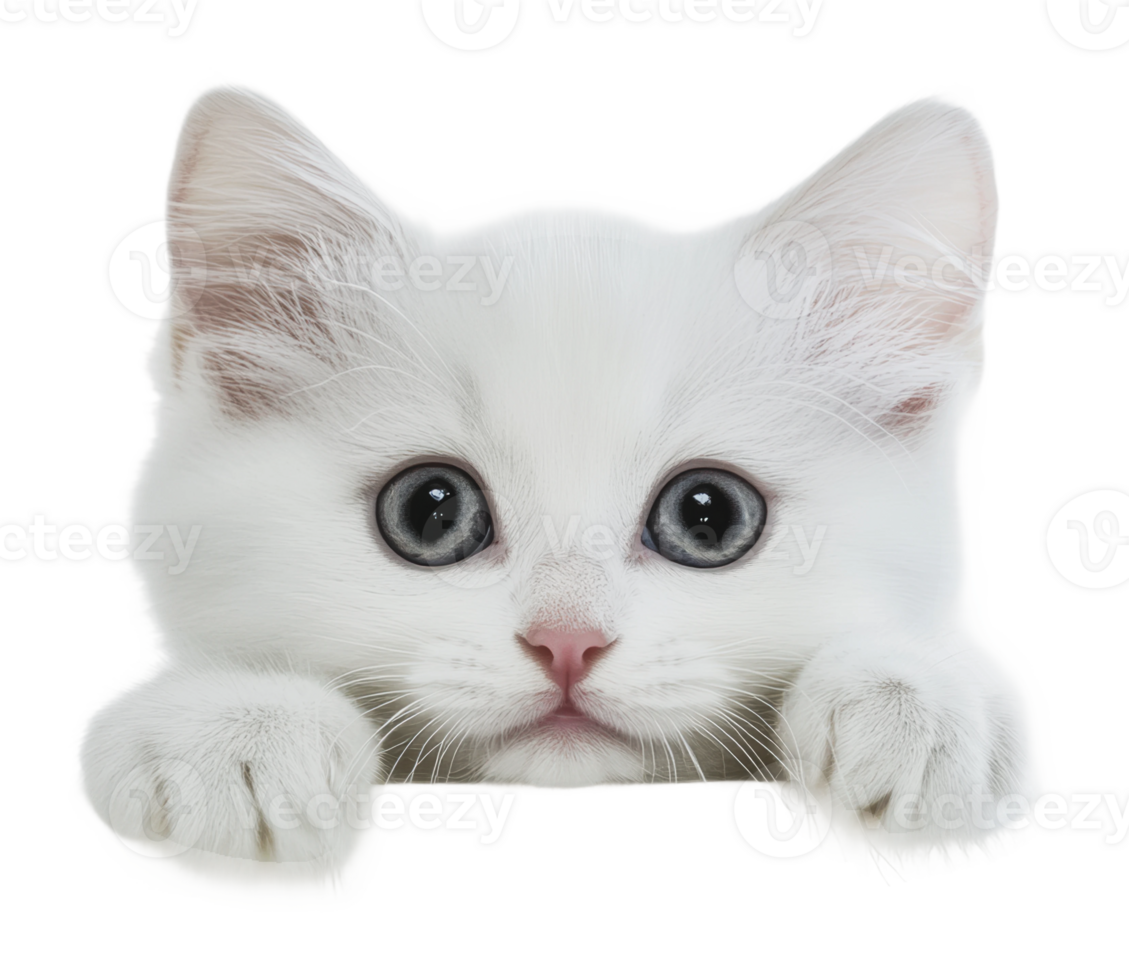 Cute white kitten peeking over a surface indoors png