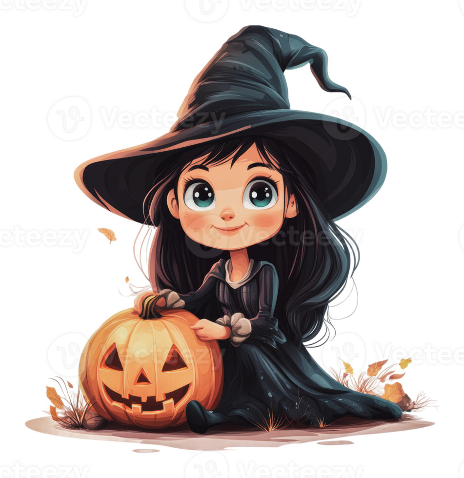 Witch in black by a pumpkin in autumn png