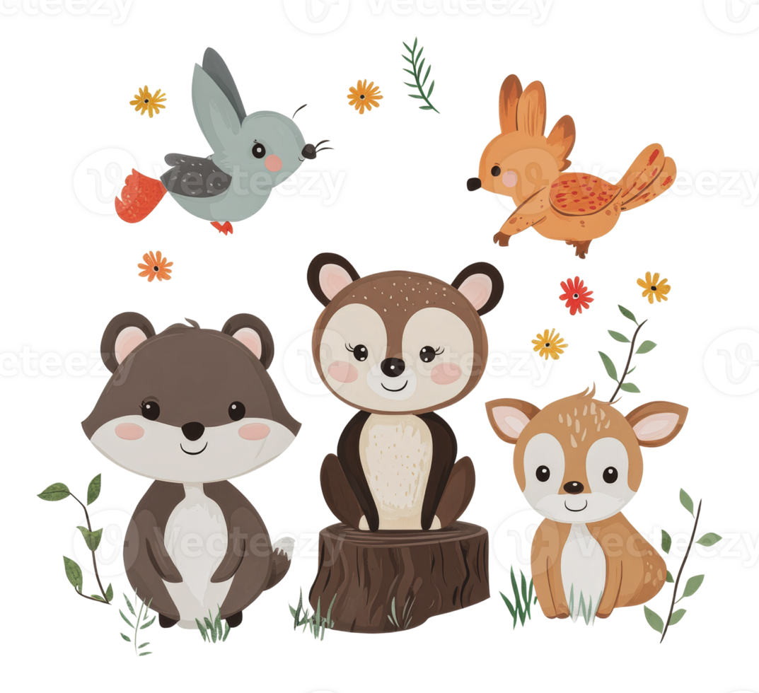 Cute woodland animals playing in a colorful garden png