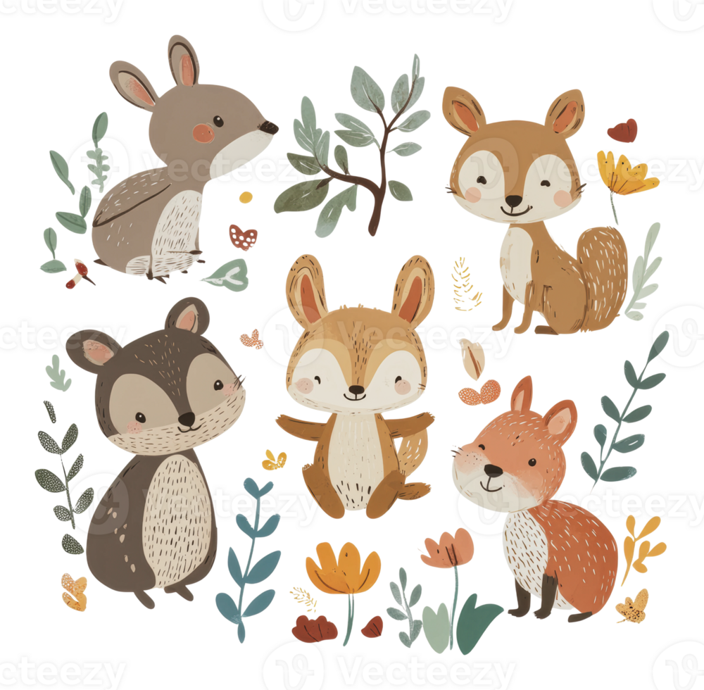 Woodland animals among spring flowers png