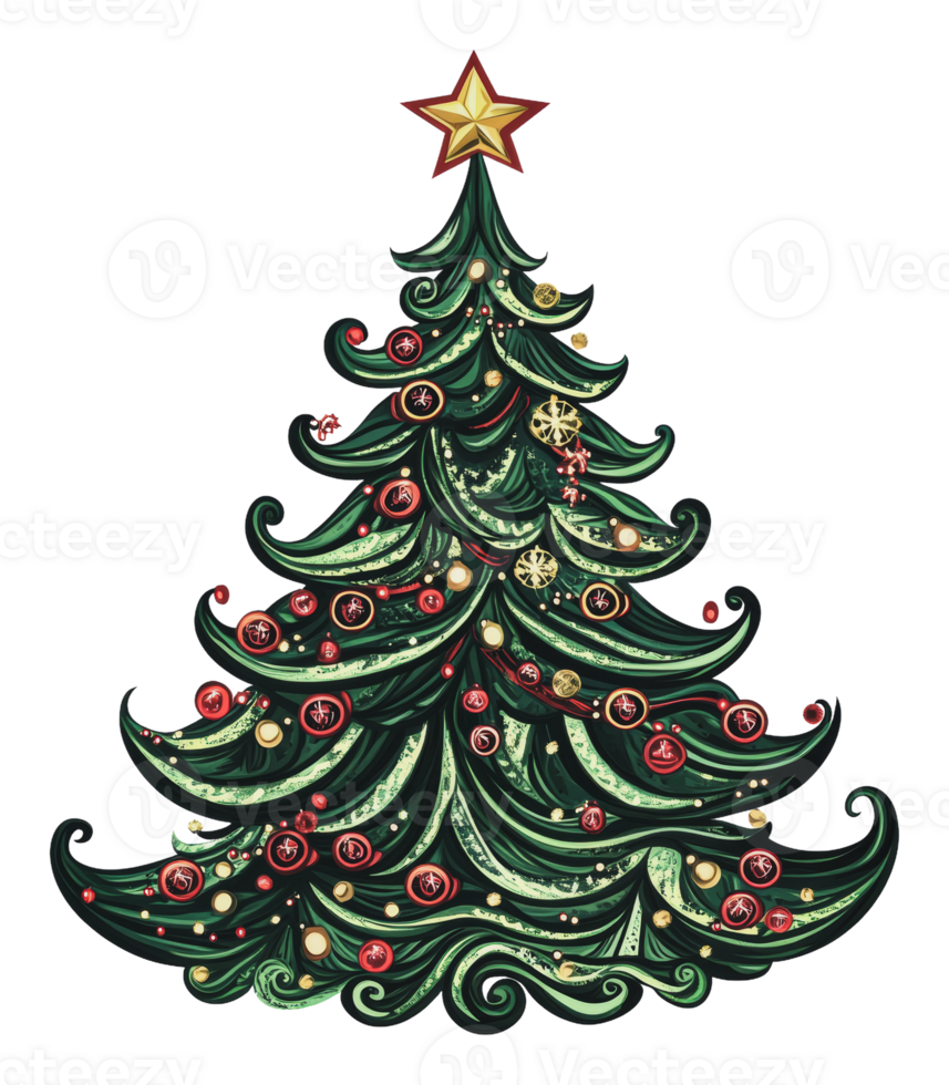 Festive decorated Christmas tree with golden star png