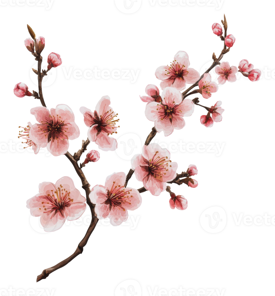 Delicate pink cherry blossom branch in full bloom png