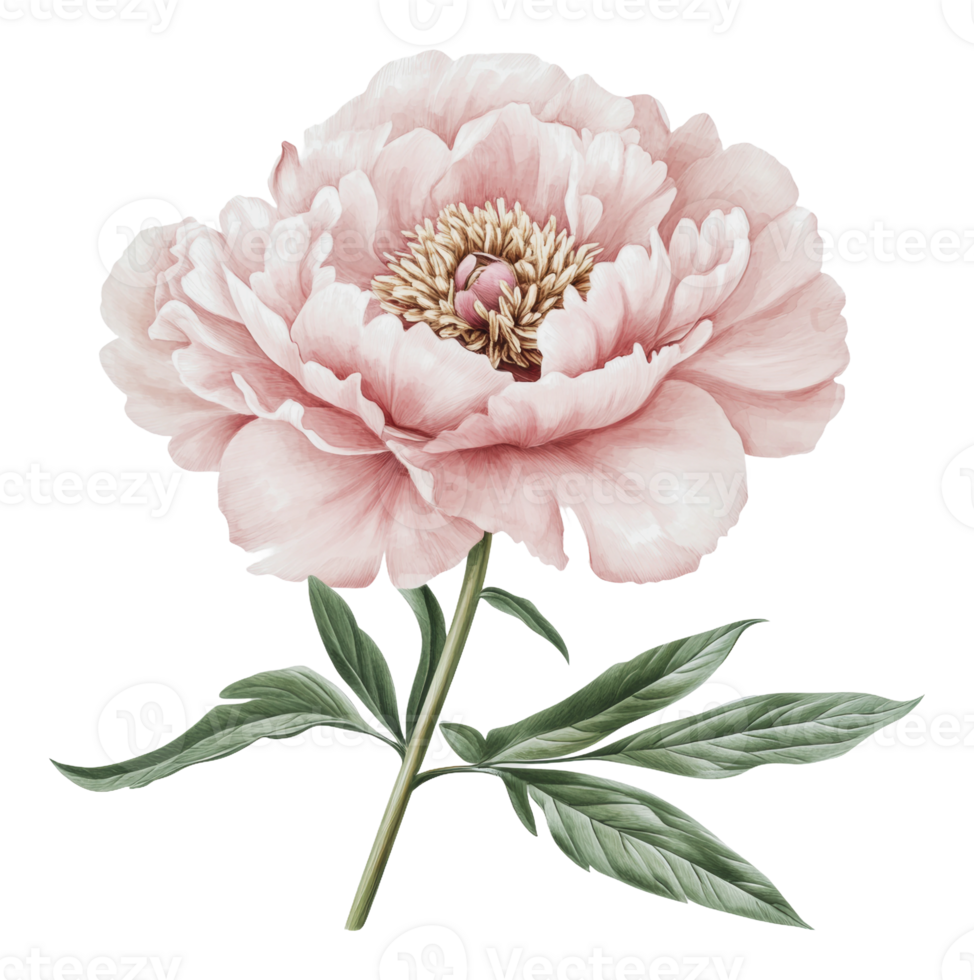 Pink peony blooms with lush green leaves png