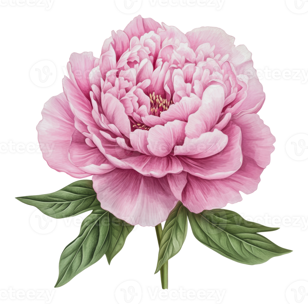 Beautiful pink peony flower with green leaves png