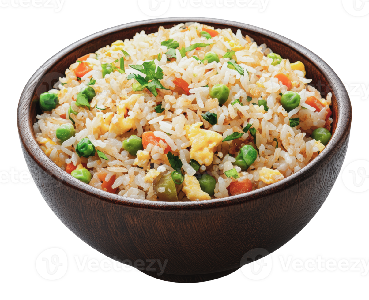 Veggie fried rice in a wooden bowl png