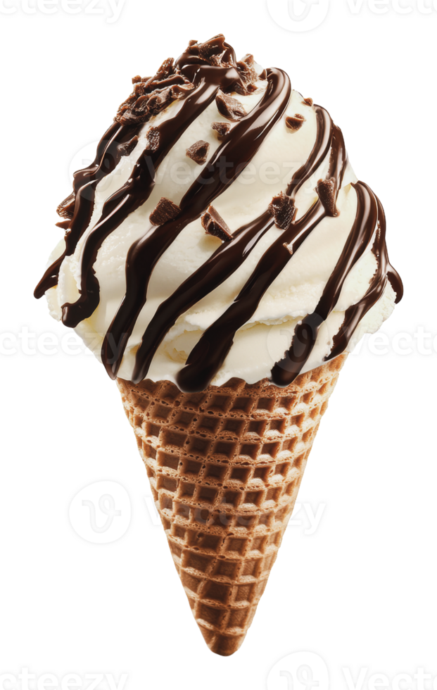 Delicious chocolate drizzled ice cream cone treat png