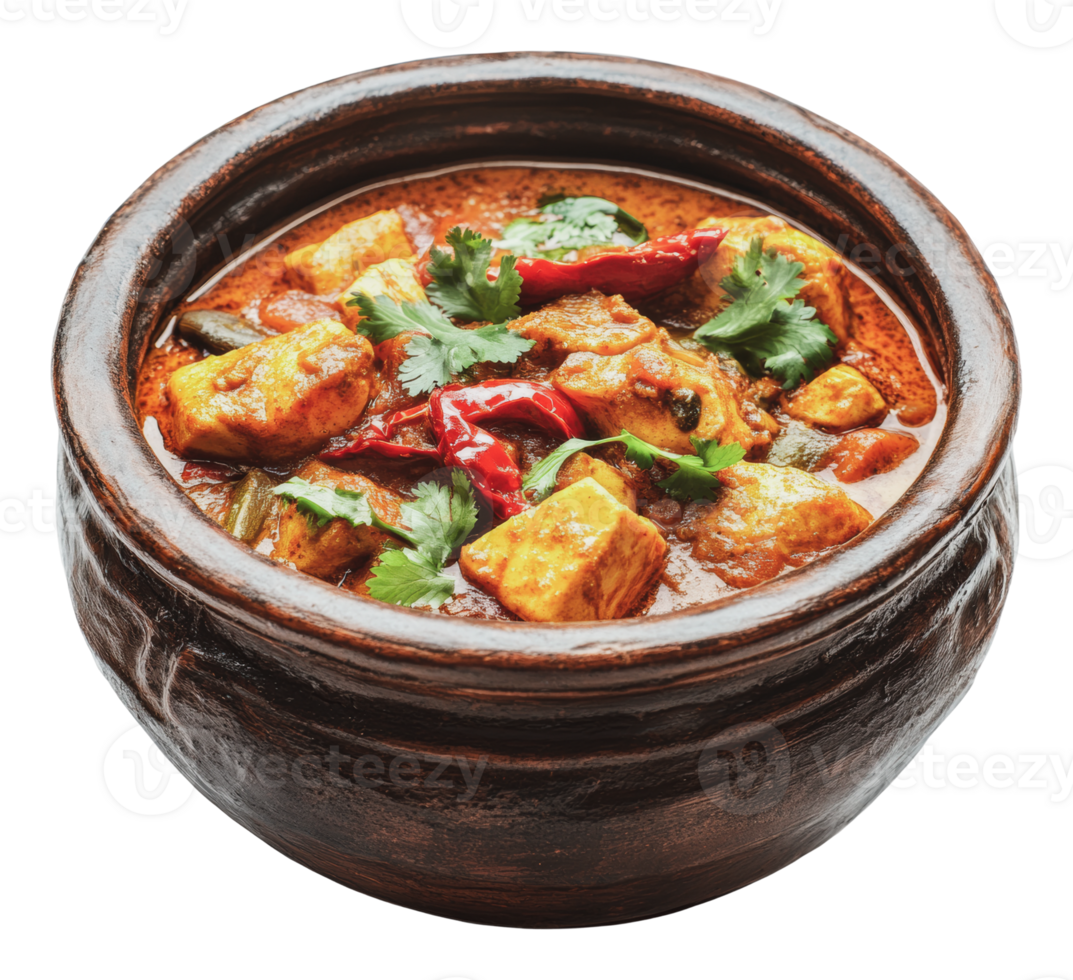 Spicy tofu curry served in traditional clay pot png