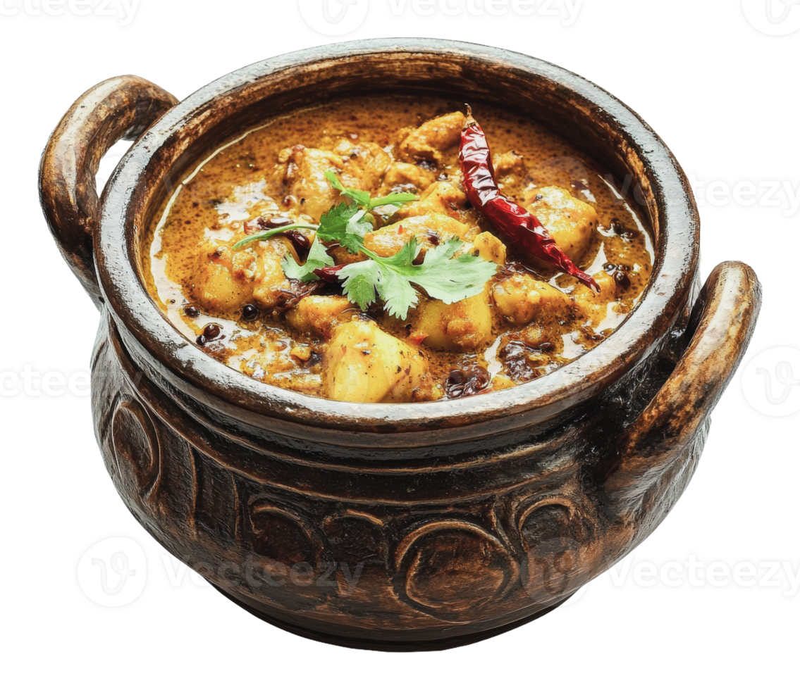 Traditional curry served in a clay pot with herbs png