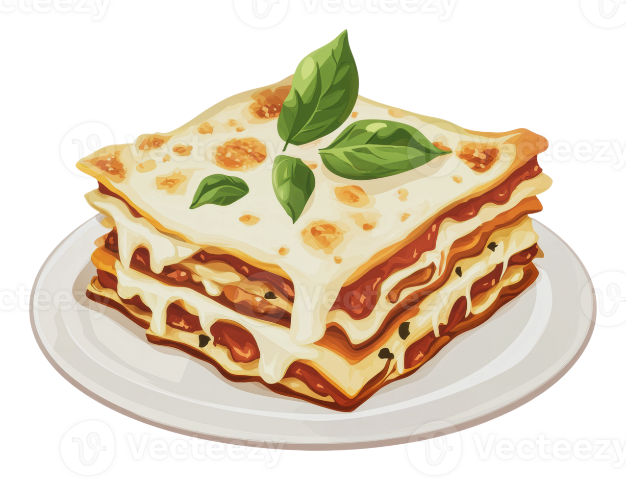 Tasty lasagna with fresh basil layers png