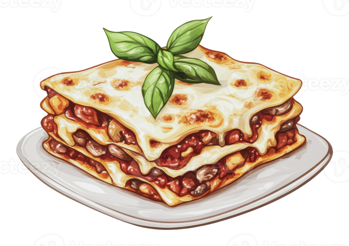 Delicious homemade lasagna served with fresh basil png