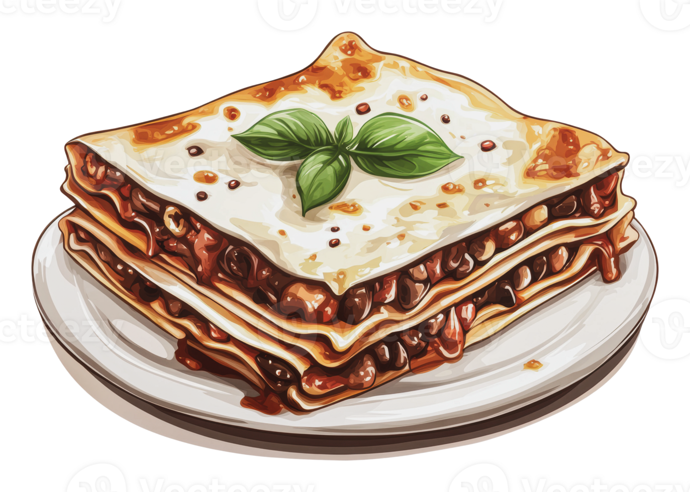 Delicious layered lasagna with fresh basil on top png