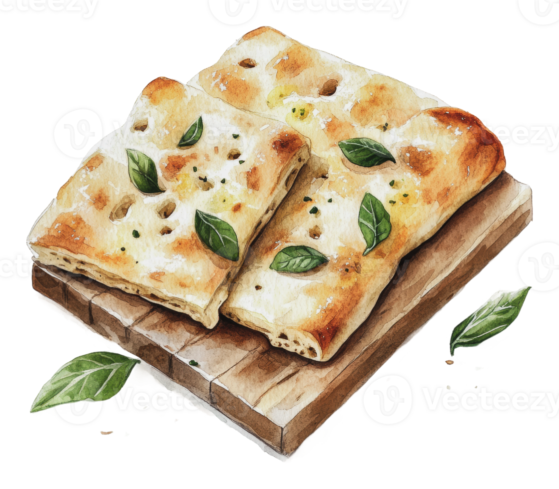 Freshly baked flatbread with basil on wooden board png