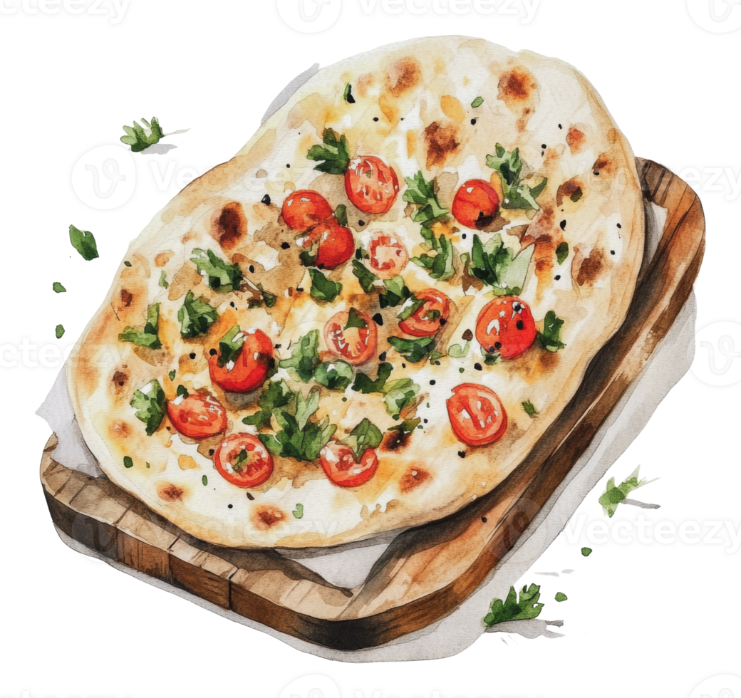 Naan with tomatoes and herbs on board png