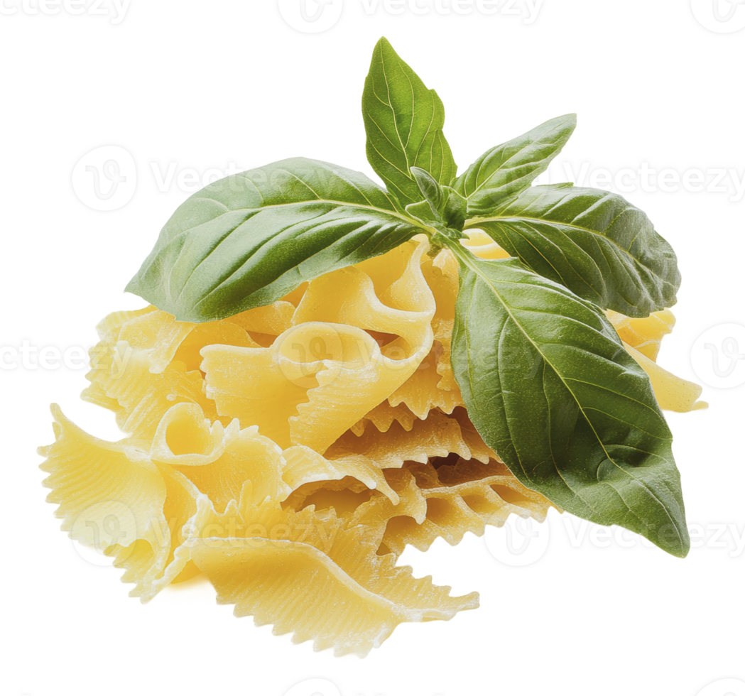 Fresh basil with uncooked farfalle pasta png