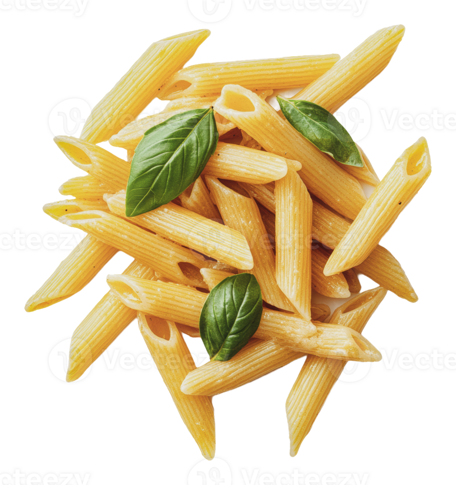 A pile of penne pasta with fresh basil leaves png