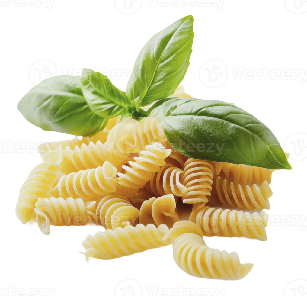 Fresh basil and rotini pasta ready for cooking png