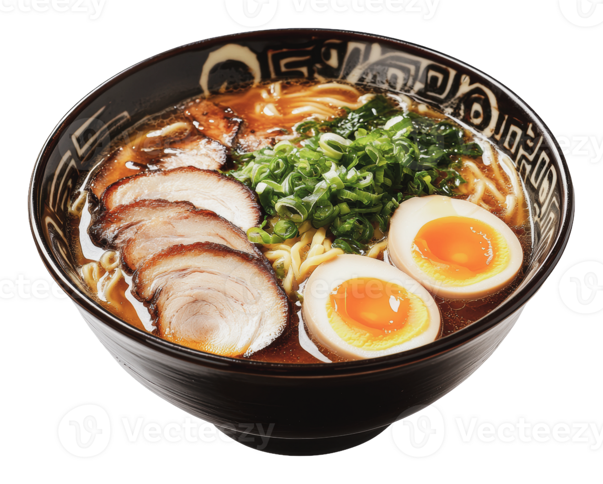 Pork ramen with soft-boiled eggs png