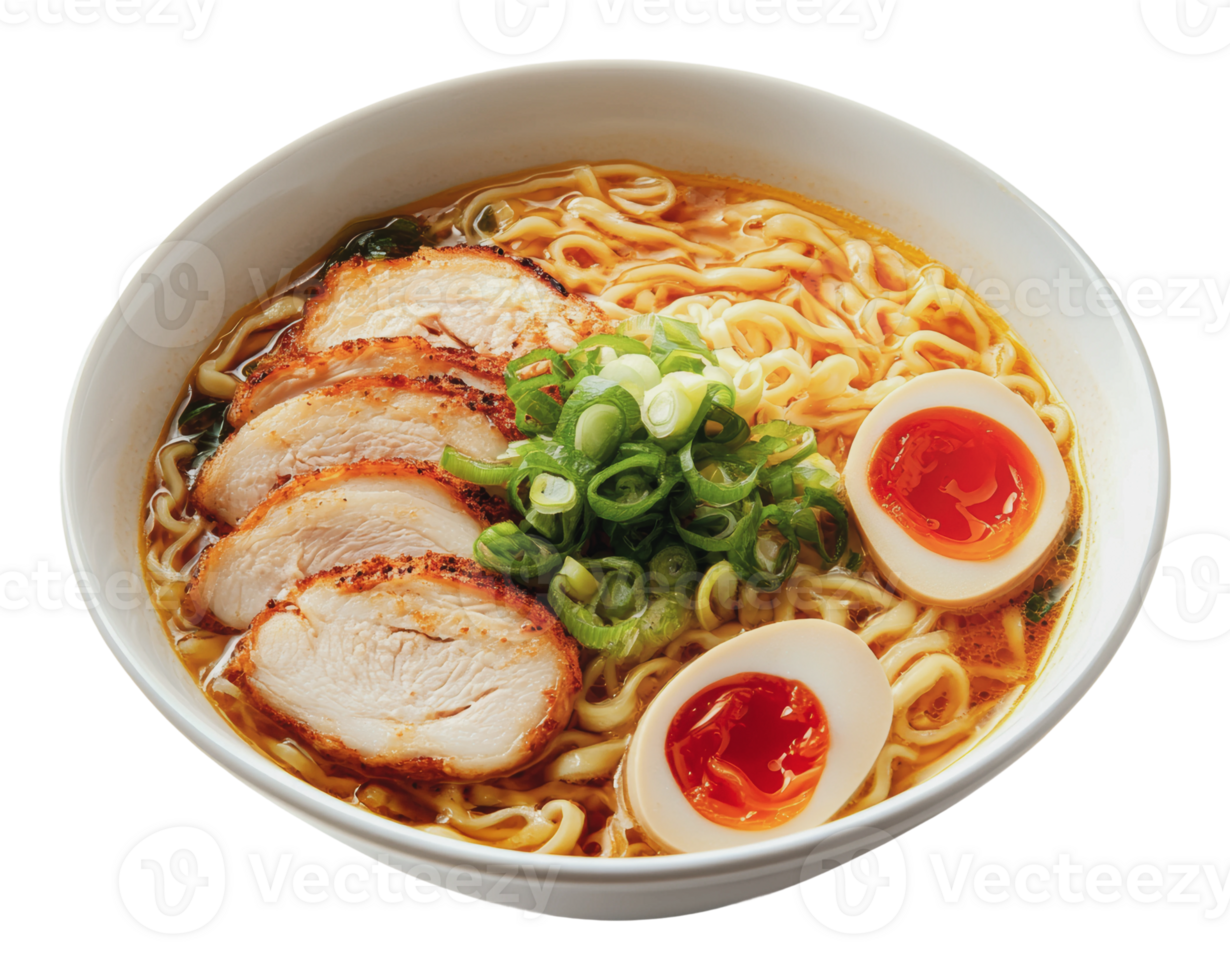 Tasty chicken and egg ramen bowl served png