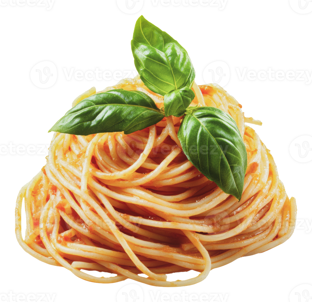 Delicious spaghetti topped with fresh basil leaves png