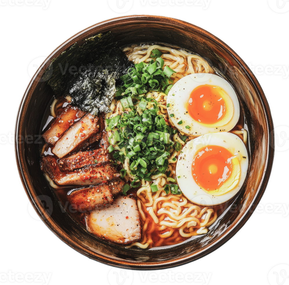 Tasty ramen with pork and eggs png