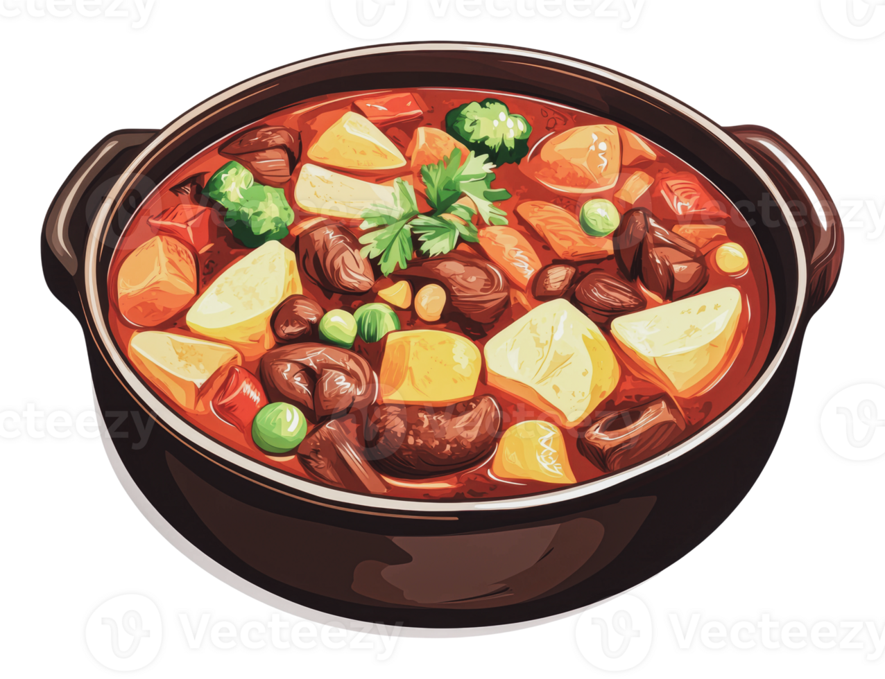 Hearty stew with vegetables served in a pot png