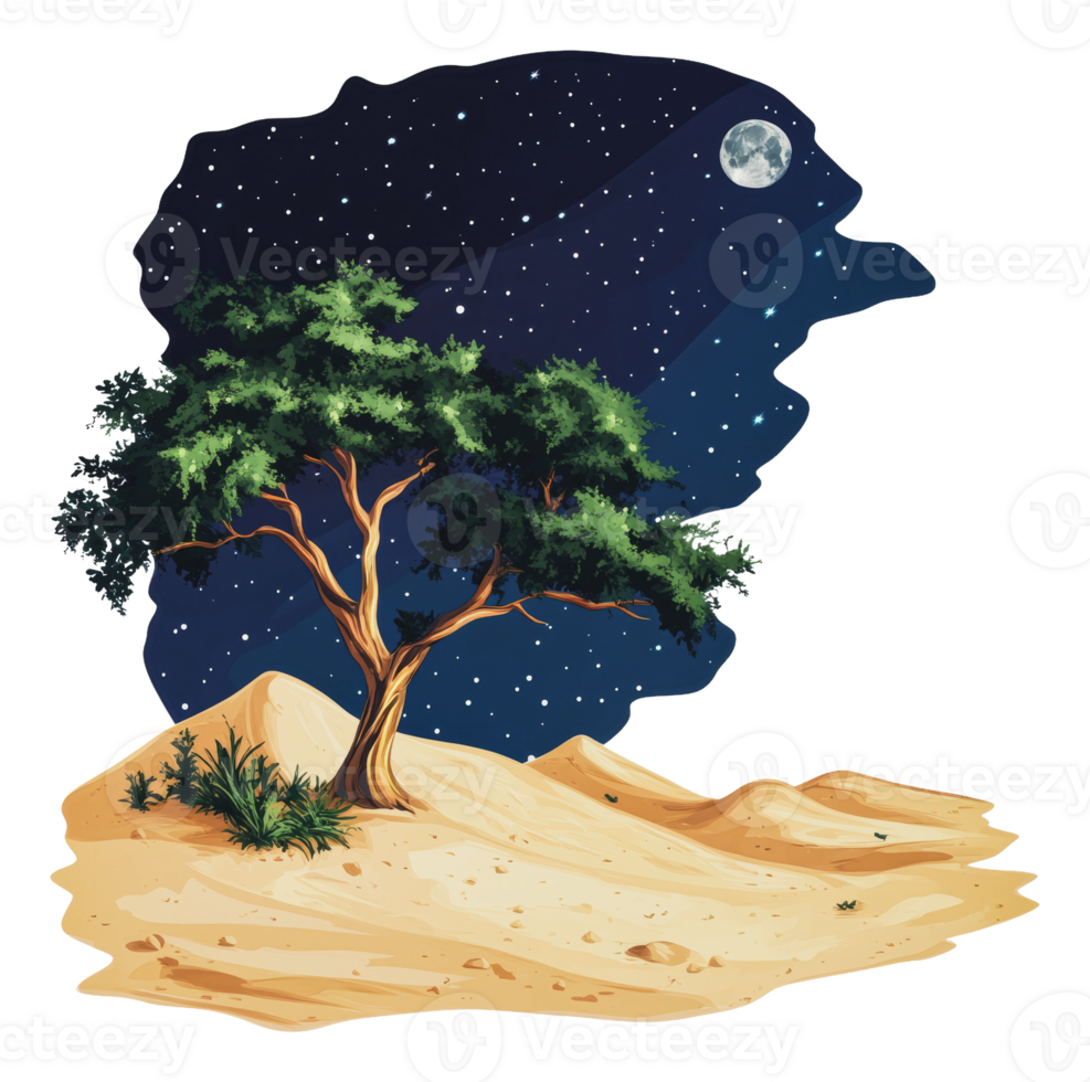 Starry night sky over a desert with a lone tree png