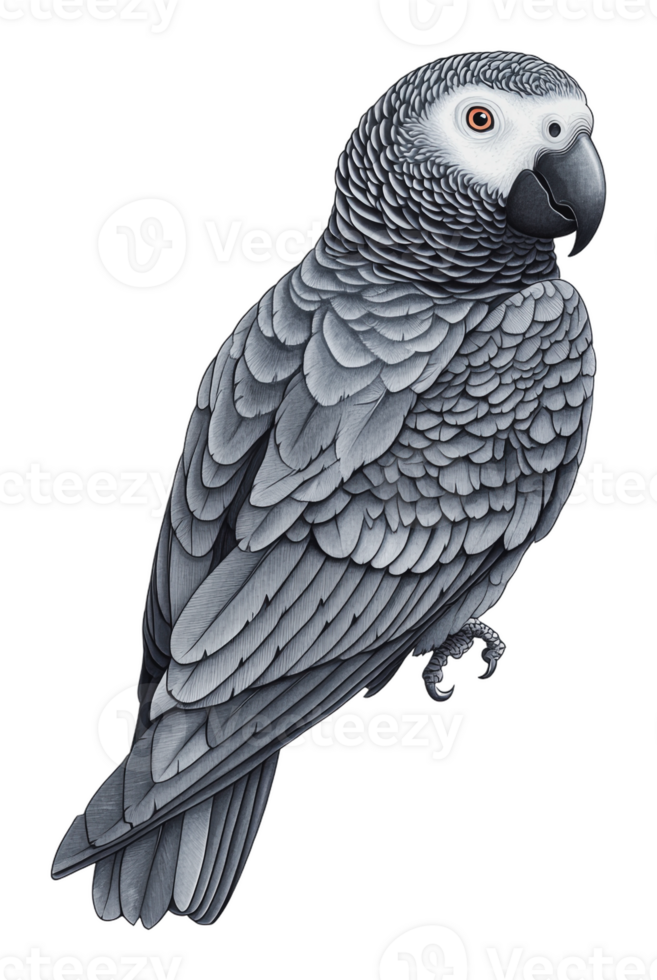 Detailed drawing of a gray parrot perched quietly png