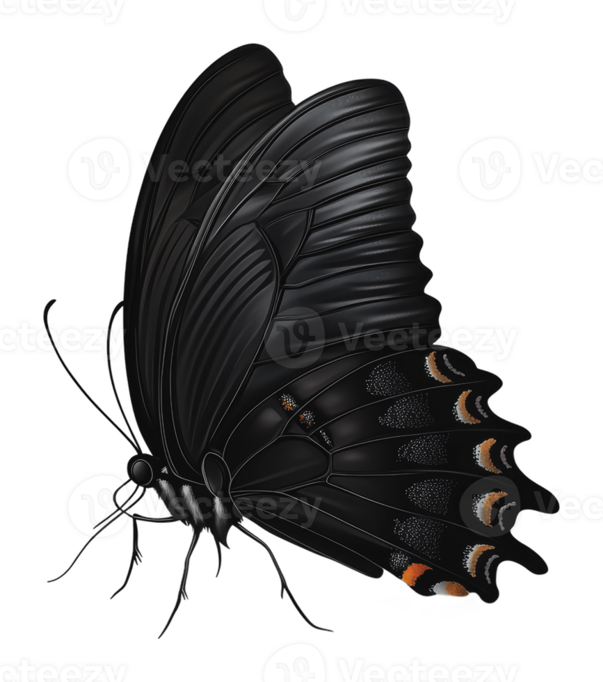 Black butterfly resting on a leaf in a garden png