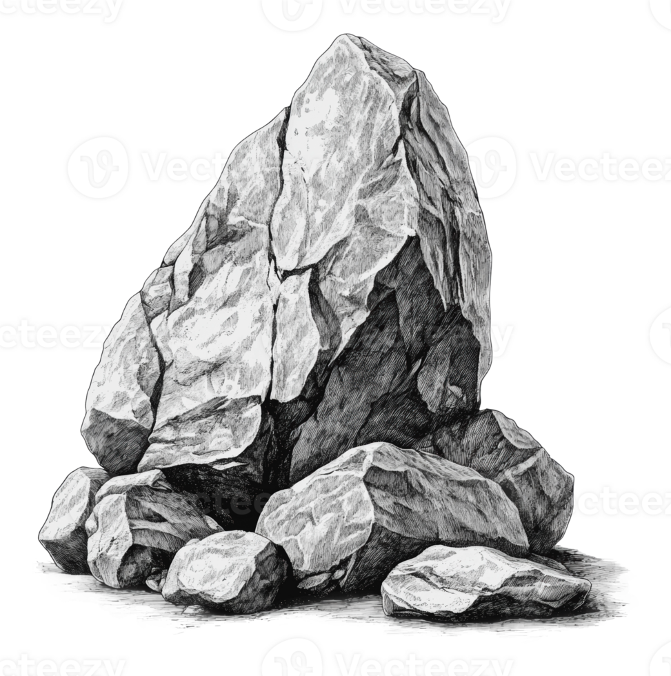 Large rock formation with smaller stones around it png