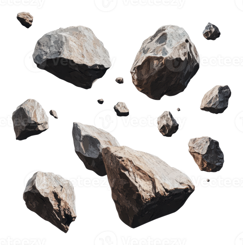 Floating rocks of all shapes in space png