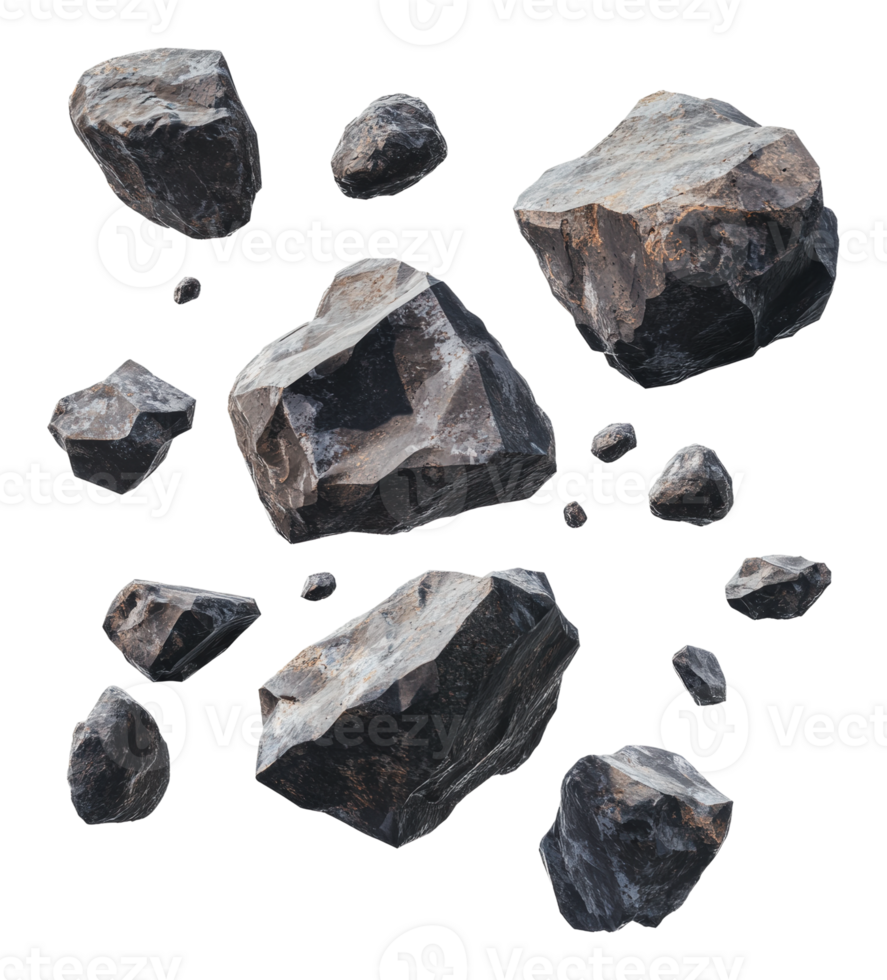 Dark rocks scattered on white png