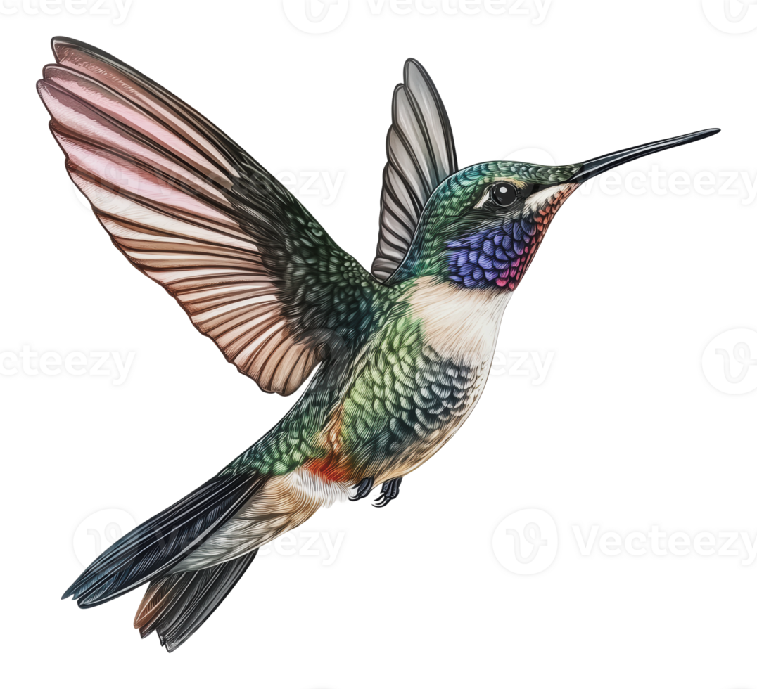 Colorful hummingbird hovering in bright sunlight png