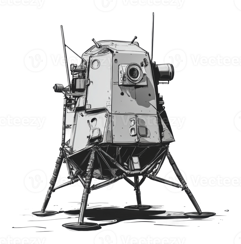 Detailed black and white lunar lander model png